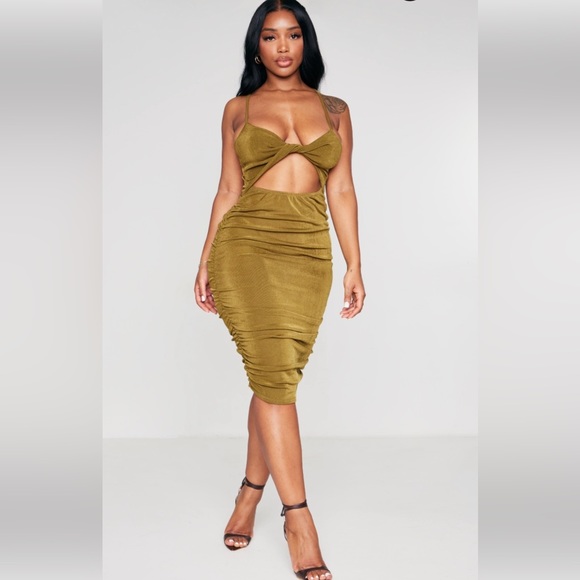Olive slinky twist ruched midaxi dress - Picture 1 of 2